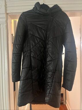 Smartwool Black Long Quilted Puffer Coat with Asymmetric Zip